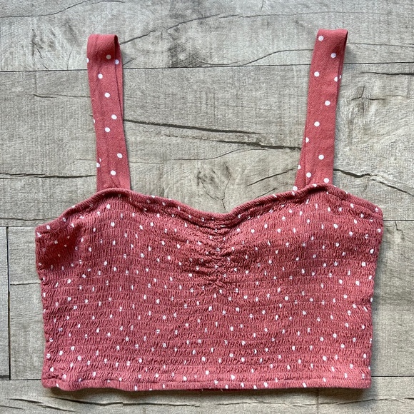 Pacsun Lottie Moss Pink White Polkadot Smocked Crop Top Festival Boho Retro MED - Picture 1 of 15